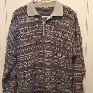 Vintage 90s Cambridge Classics Brown Pattern Wool Blend Collared Sweater Size M